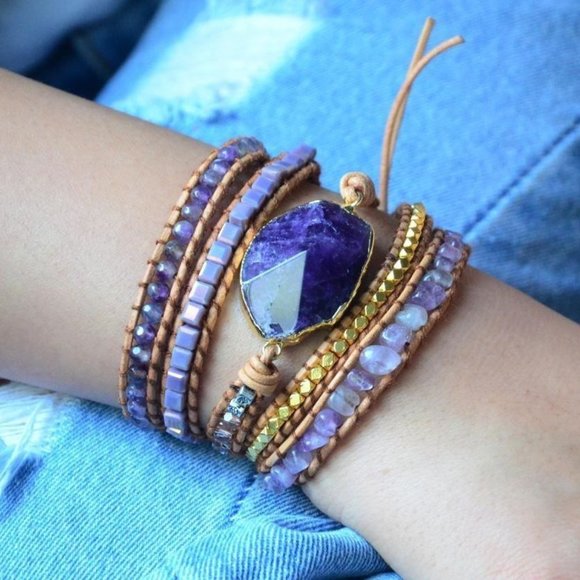 Genuine Amethyst Gemstone Genuine Leather Wrap Bracelet - Picture 7 of 9
